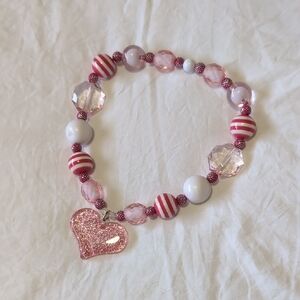 Pink Heart Beaded Stretch Bracelet with Glitter Charm